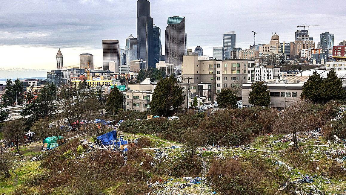 seattle skyline trash pileup