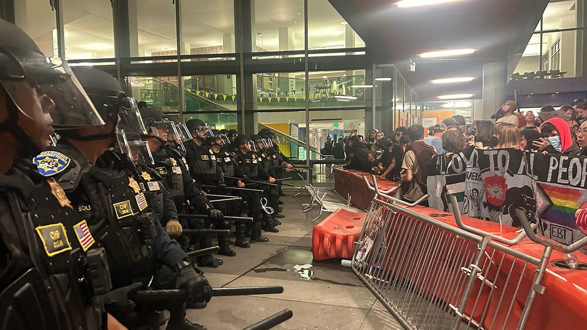 police guarding entrace at berkeley turning point
