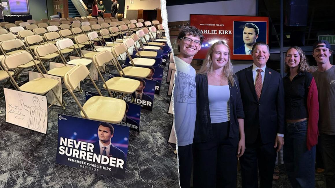 Sinh viên California ba lần bị từ chối thành lập chi hội TPUSA 1 split image of posters for charlie kirk and students at a memorial