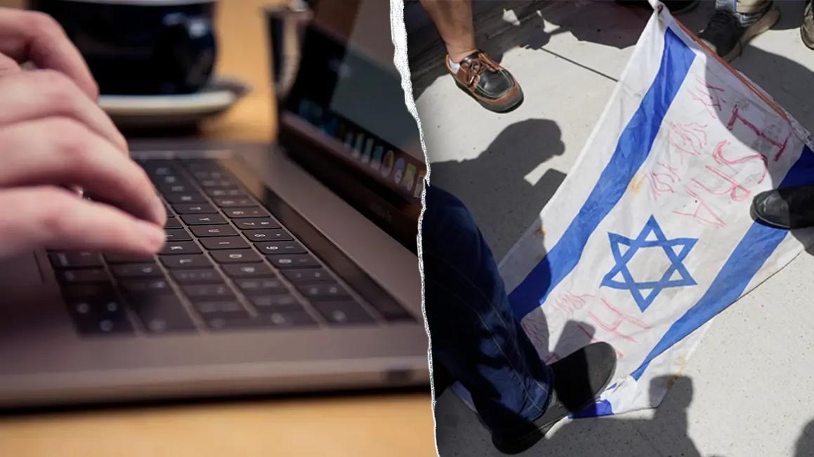 Trang mạng nhóm chống Israel được cho là treo thưởng cho việc sát hại học giả Israel toàn cầu 1 split image of typing at a computer and stepping on israeli flag