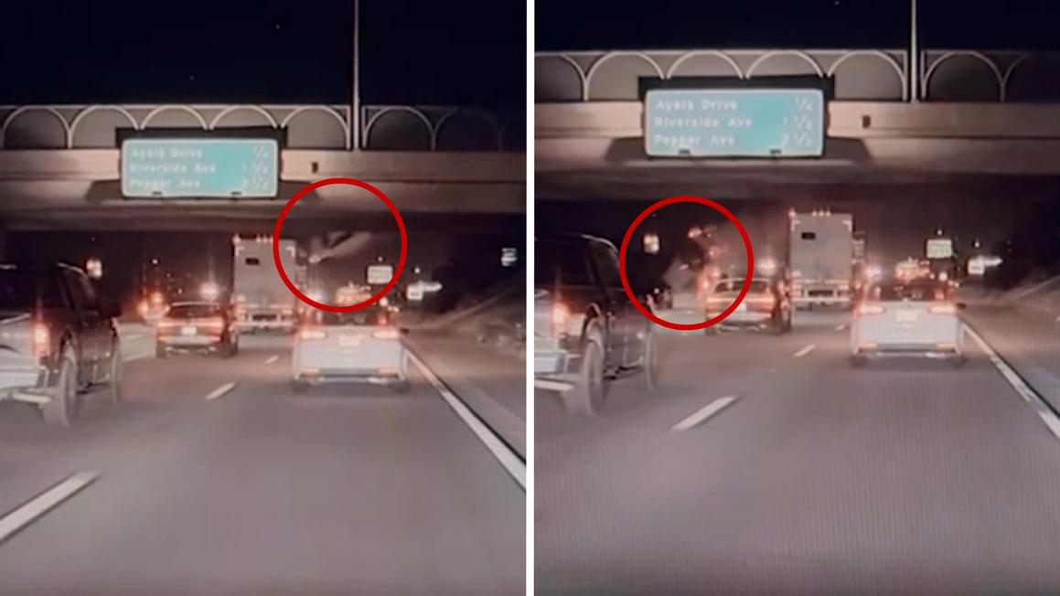 Xe tải lao khỏi cầu vượt, rơi trúng xe khác ở California 1 18266726 120925 kabc trck launch overpass tn img