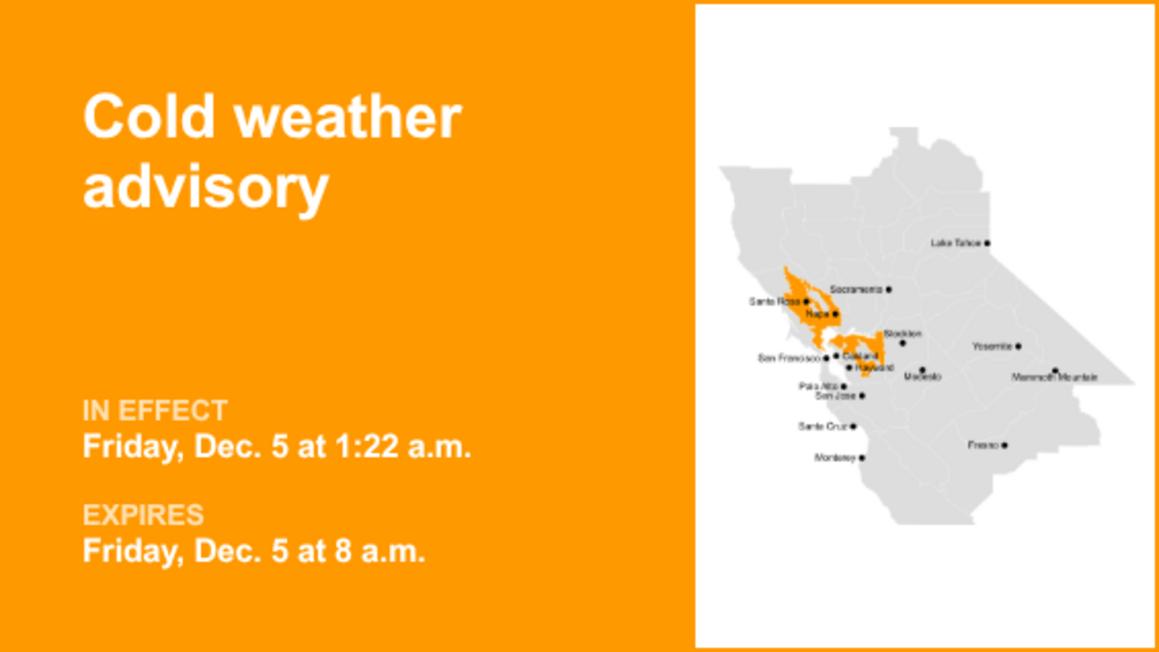 Bắc Vịnh và Đông Vịnh California có lệnh cảnh báo thời tiết lạnh 1 North Bay Interior Valleys and East Bay Interior Valleys placed under a cold weather advisory until Friday morning