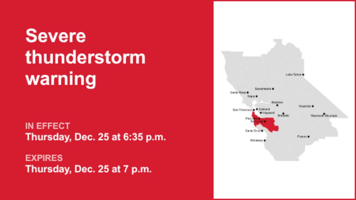 Thunderstorms with damaging winds in San Mateo and Santa Clara counties Thursday 8212 gusts may reach 60 mph