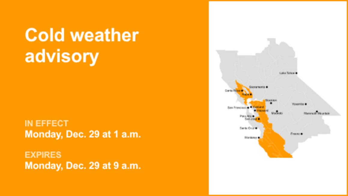 Update Cold weather advisory for Bay Area inland regions for Monday 8212 temperatures to dip to 34