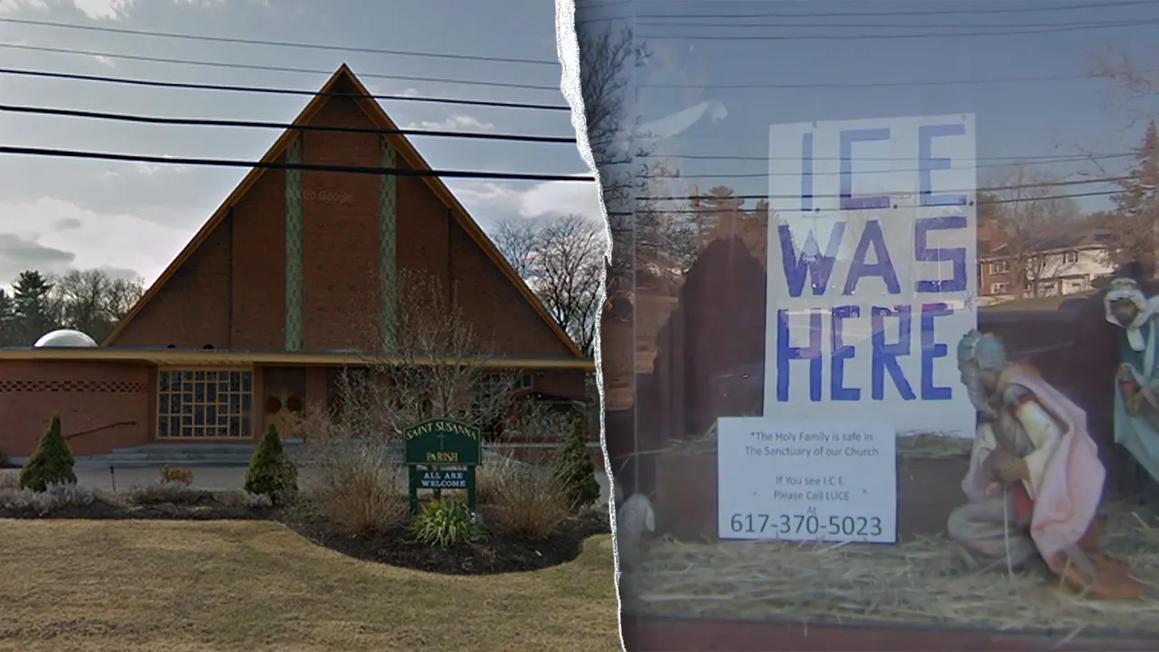 Nhà Thờ Gây Tranh Cãi Với Cảnh Hang Đá Trống Rỗng Kèm Thông Điệp Về ICE: 'Chính Trị Hóa Giáng Sinh' 1 split image of st. susanna church and controversial nativity scene