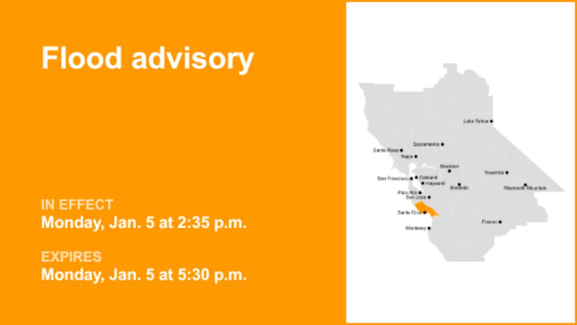 Cảnh báo lũ lụt tại Hạt Santa Cruz do mưa lớn 1 Flood advisory in place for Santa Cruz County early Monday evening due to intense rain