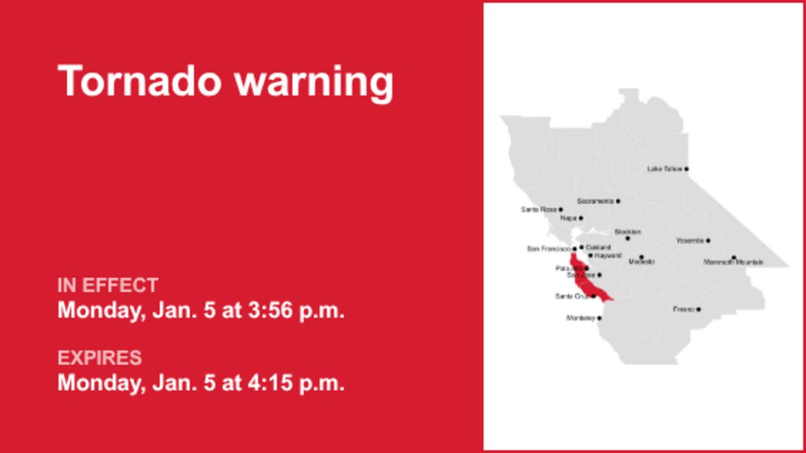 Cảnh báo lốc xoáy tại các Hạt San Mateo và Santa Cruz 1 Tornado warning in place for San Mateo and Santa Cruz counties early Monday evening 8212 seek safe shelter