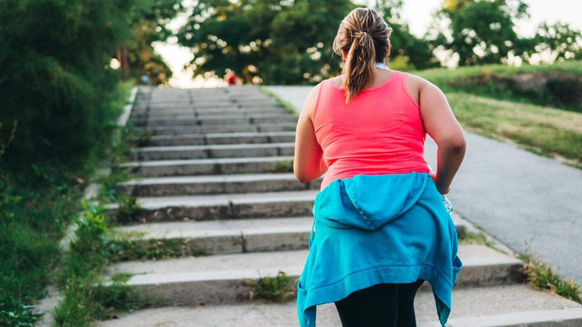 woman running stairs