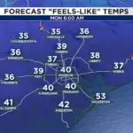 Bão tố, gió mạnh và nhiệt độ giảm tại Houston khi có không khí lạnh tràn về