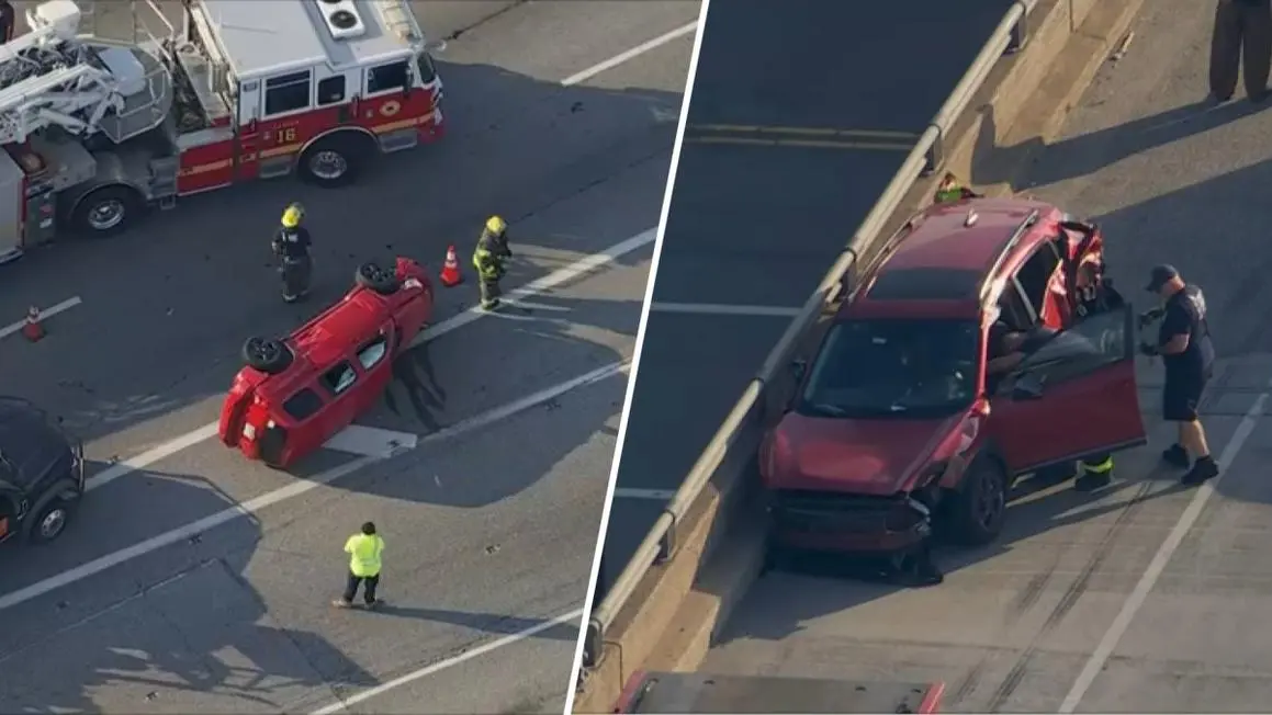 Xe lật nhào, xe khác đâm vào rào chắn sau va chạm trên I-95 ở Philadelphia