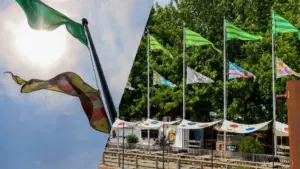 Cờ bay tại Spruce Street Harbor Park kể chuyện di dân