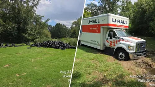 Hàng trăm lốp xe bị vứt bỏ tại Công viên Fairmount, xe U-Haul mắc kẹt trong bùn